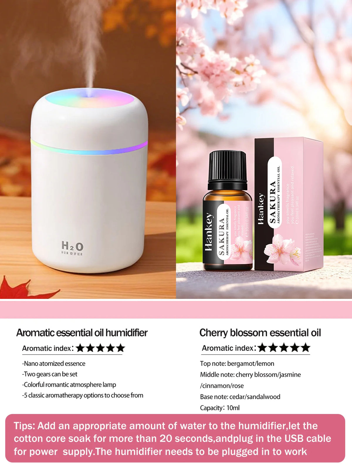 Diffusore Aromaterapico 300ml USB Luce a 7 Colori, Umidificatore per Casa e Auto