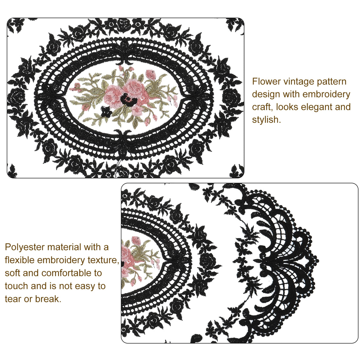 Retro Lace Placemat 12x16-in Oval Embroidered Table Place Mats French Crochet Doilies Coasters Cup Mat for Home Wedding, Black