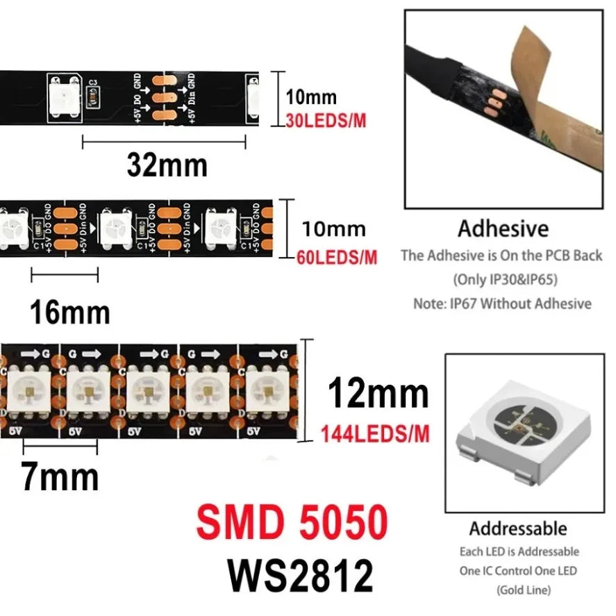 Striscia LED RGBIC WS2812B 5050, 30/60/144 LED/m, DC5V, IP30/IP65/IP67