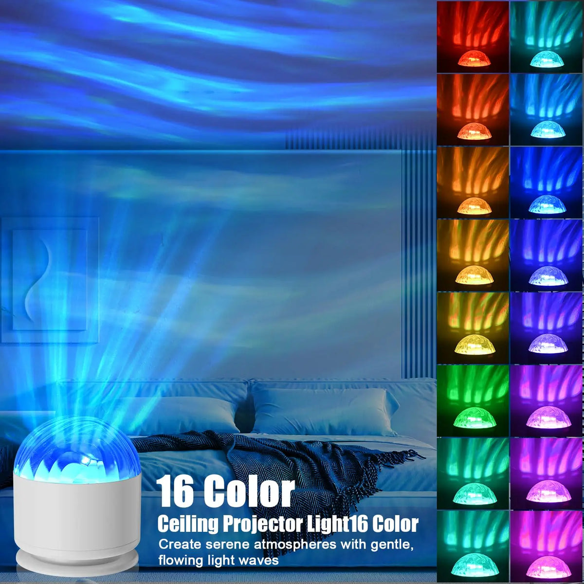 Lampada LED Notturna Aurora e Onde, 16 colori, rotazione 360°, telecomando USB