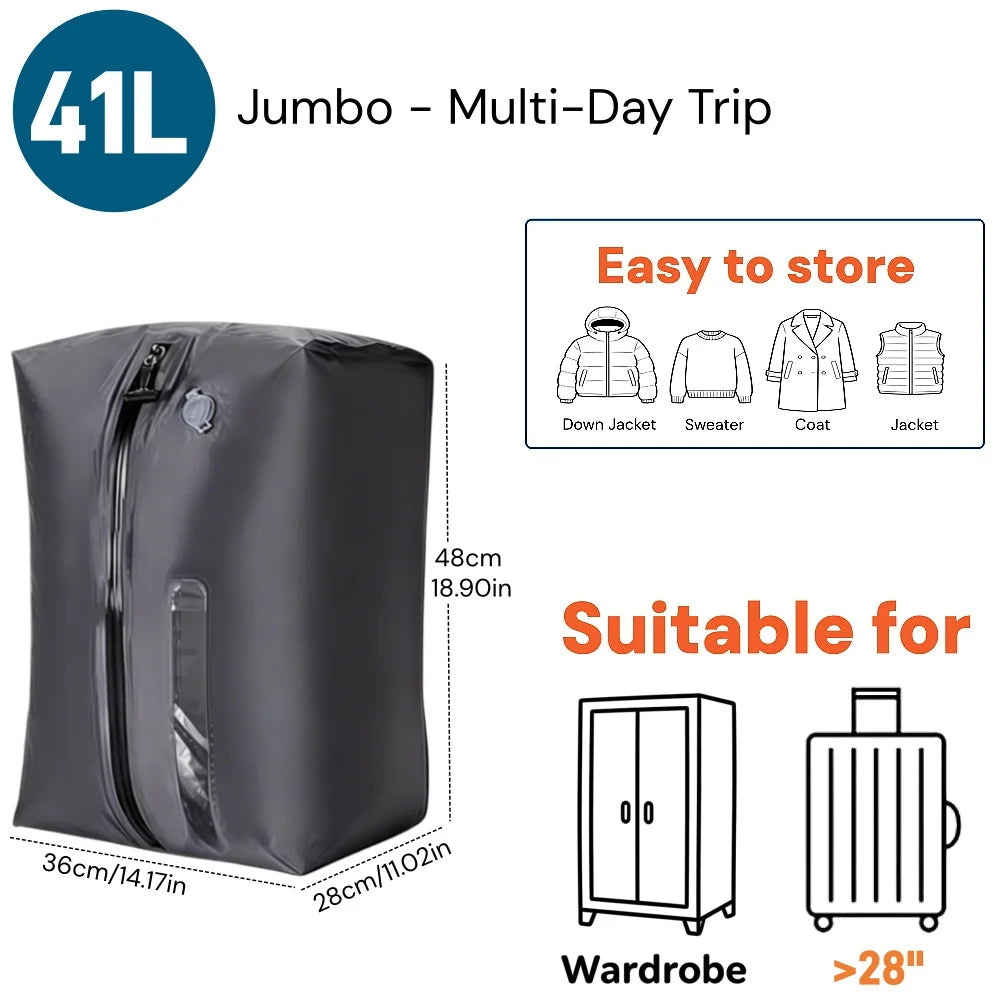 Vacuum Storage Bags for Travel, IP67 Waterproof Compression Packing Cubes 17L 34L Space Saver Suitcase Organizer for Clothes Bag