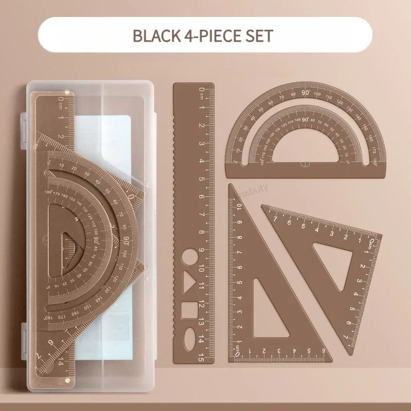 4-in-1 Aluminum Alloy Multifunctional Ruler Set, Triangle & Protractor Combo, Drawing Math Stationery for Students