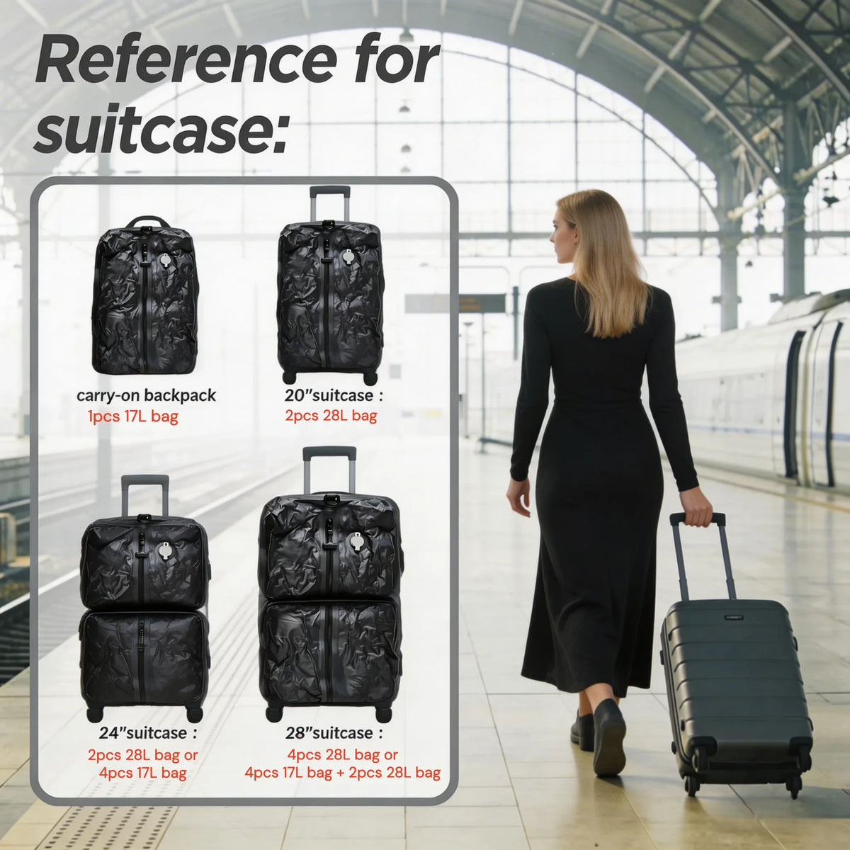 Vacuum Storage Bags for Travel, IP67 Waterproof Compression Packing Cubes 17L 34L Space Saver Suitcase Organizer for Clothes Bag