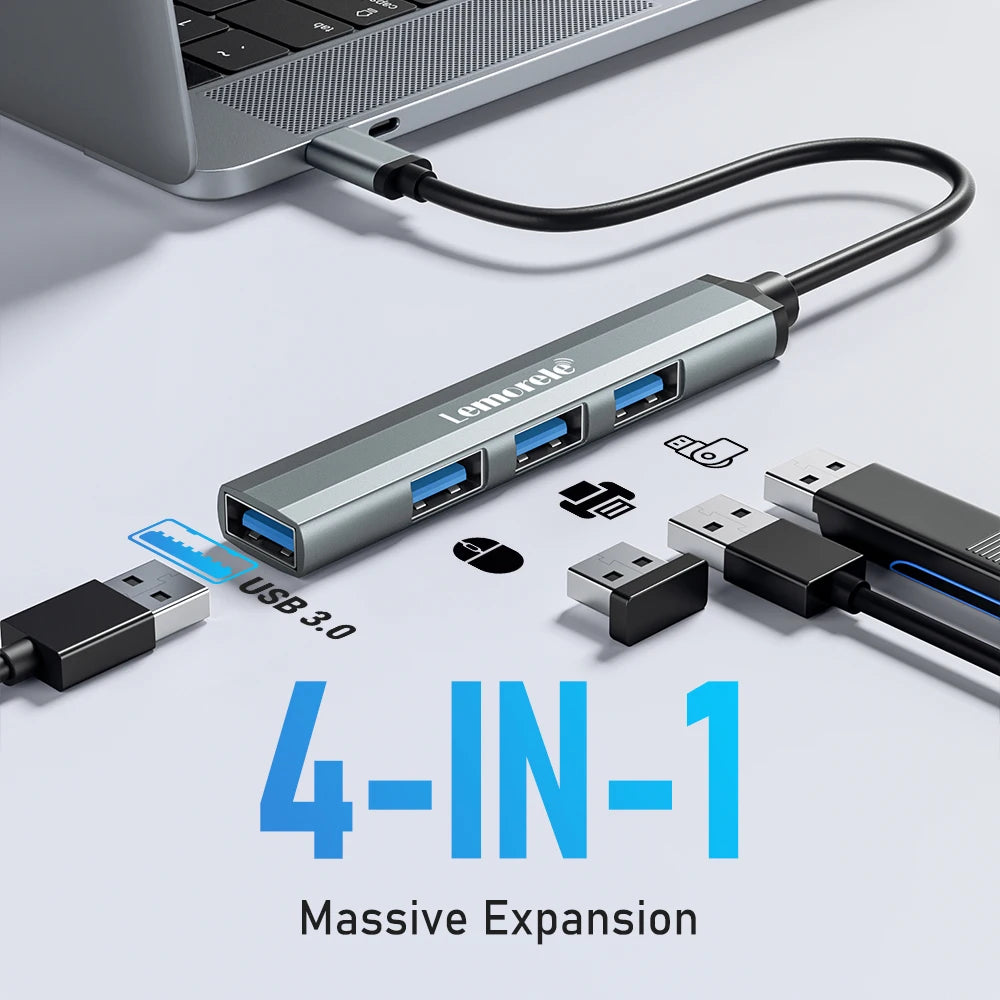Hub USB 3.0 Type‑C 4 porte per laptop – compatibile con Lenovo, MacBook, Dell