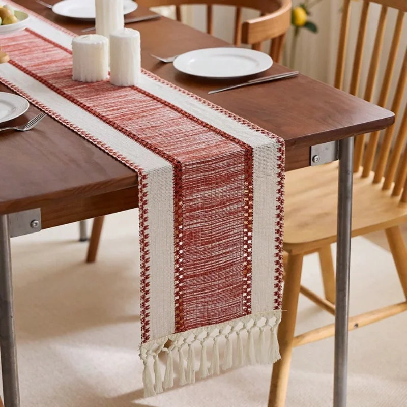 Green Boho Striped Green Table Runner - Hand - Woven Tassels, Ideal for Spring Tables, Round Coffee Tables & Rustic Home Decor