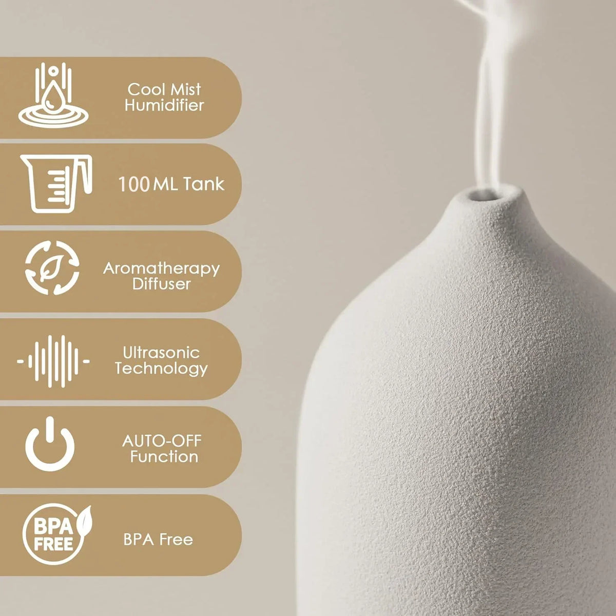 Diffusore Ultrasonico in Ceramica 100 ml con Timer e Luci LED Cambianti