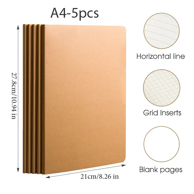 Set 5 quaderni A5, B5 e A4 con copertina kraft nera – 36 fogli