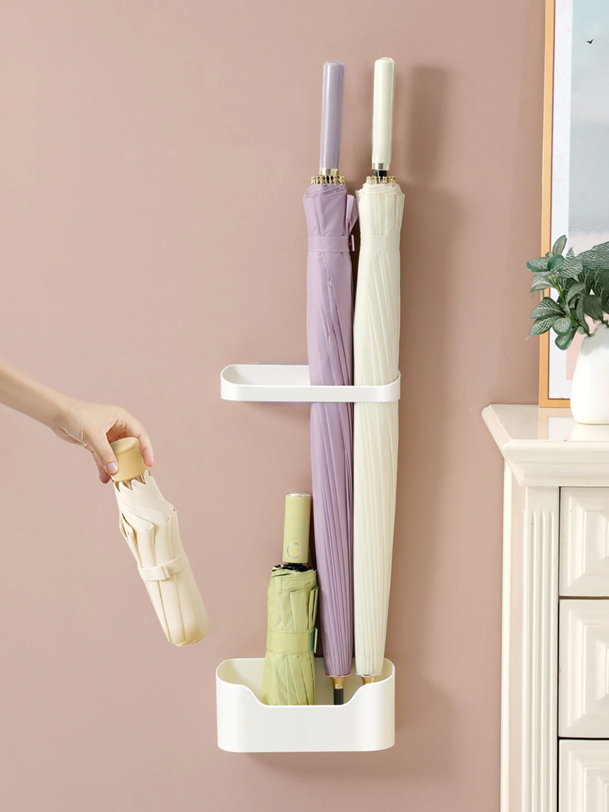 Punch-Free Wall Mount Umbrella Rack With Drain Tray, Entryway Storage Organizer For Long Short Umbrellas