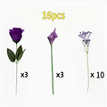 Bouquet di Fiori Artificiali Viola – 3 Rose, 3 Calle, 10 Gypsophila, Senza Vaso
