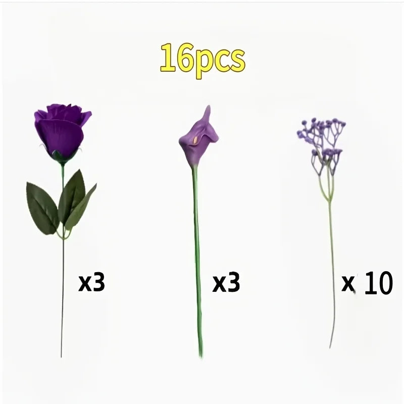 Bouquet di Fiori Artificiali Viola – 3 Rose, 3 Calle, 10 Gypsophila, Senza Vaso