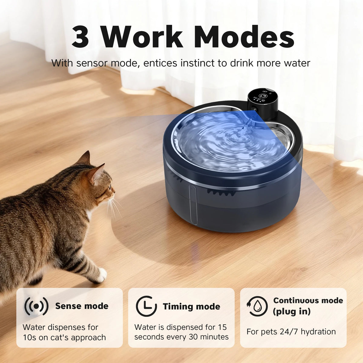 Fontana d'acqua per gatti 3L wireless, filtro inox, batteria 4000 mAh
