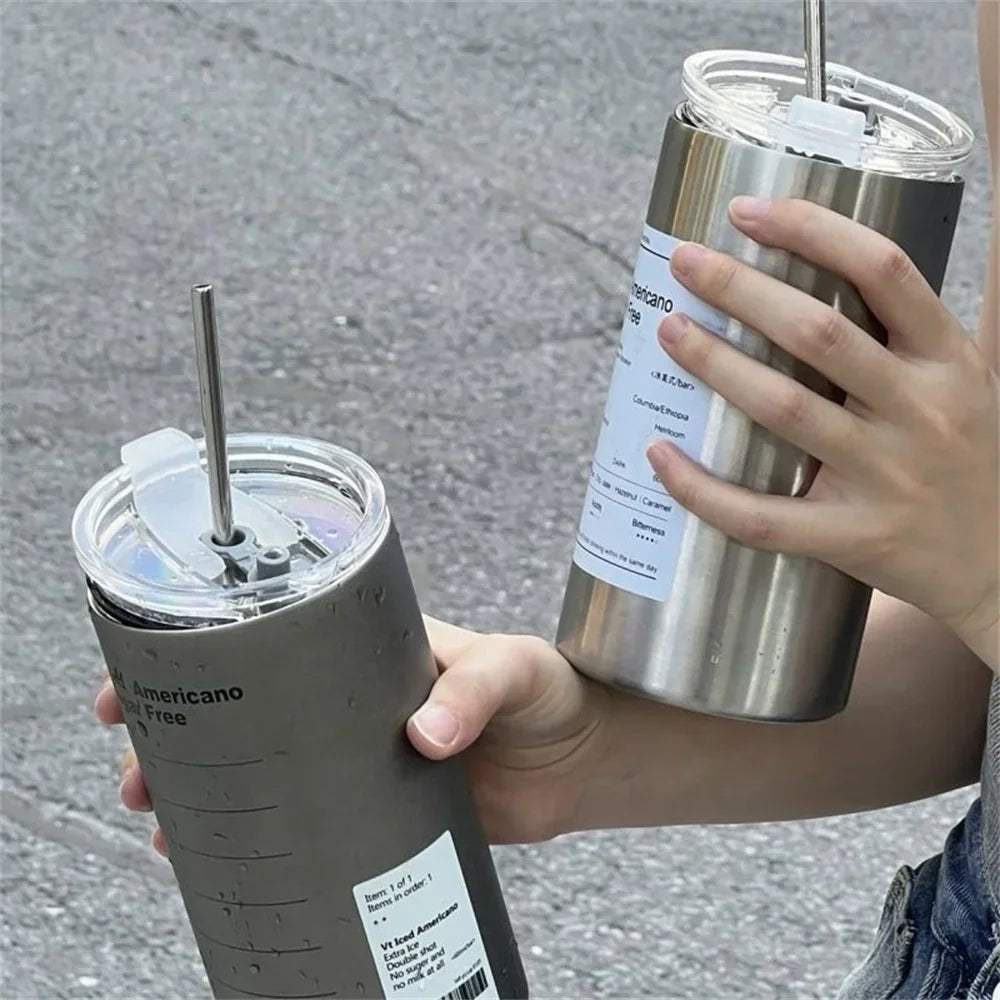 Thermos 600 ml acciaio inox 304, tazza termica con cannuccia, portatile