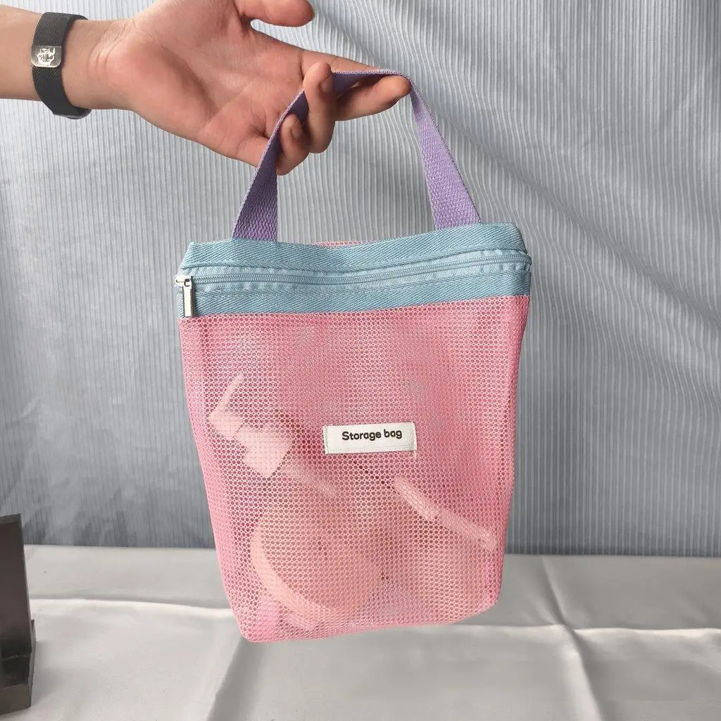 Borsa cosmetica pieghevole in rete, colore vivace, tascabile da spiaggia