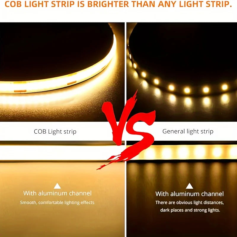 Striscia LED COB 5 m autoadesiva, tagliabile, CRI 90, 12 V/24 V, 3‑8 mm