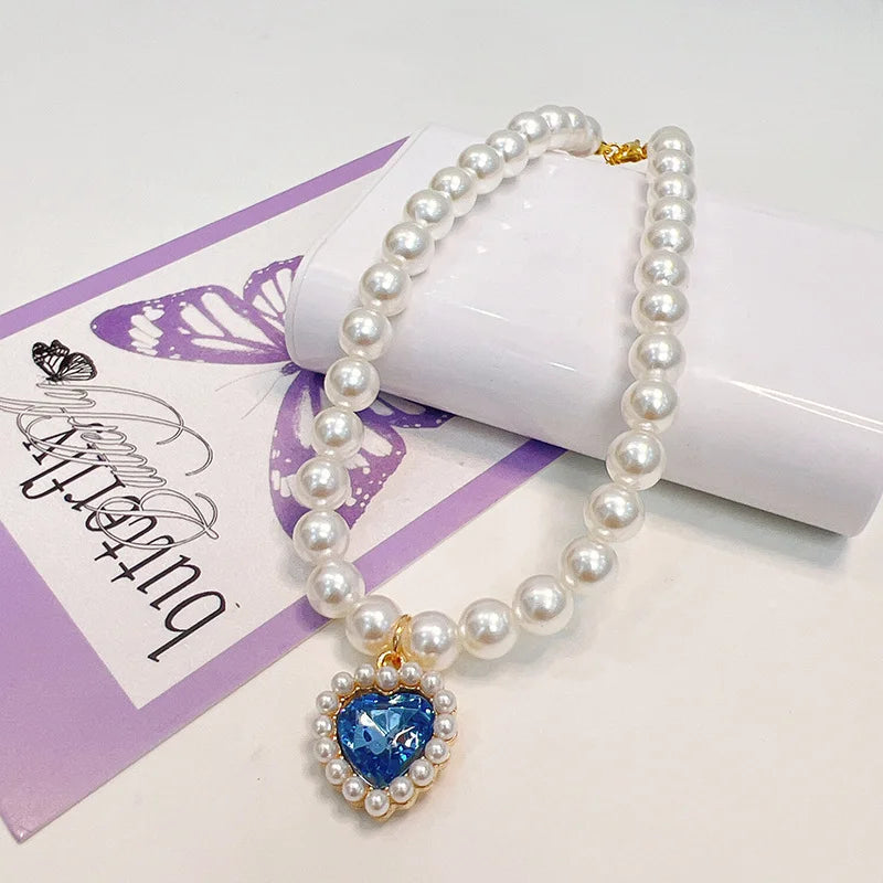 Collarino con Ciondolo a Cuore e Perla Falsa per Gatti e Cani – Fashion