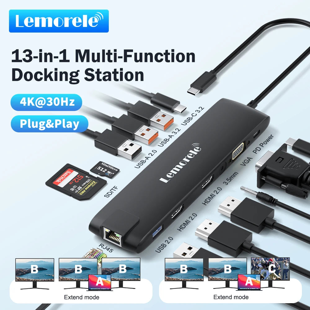Docking Station USB‑C 13‑in‑1 4K HDMI, VGA, Ethernet, USB 3.0 e lettore SD