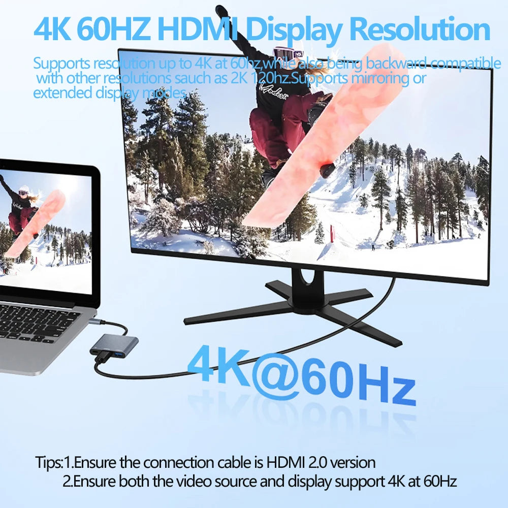 Hub USB‑C 3 in 1 con HDMI 4K 60 Hz, USB 3.0 e Power Delivery 100 W