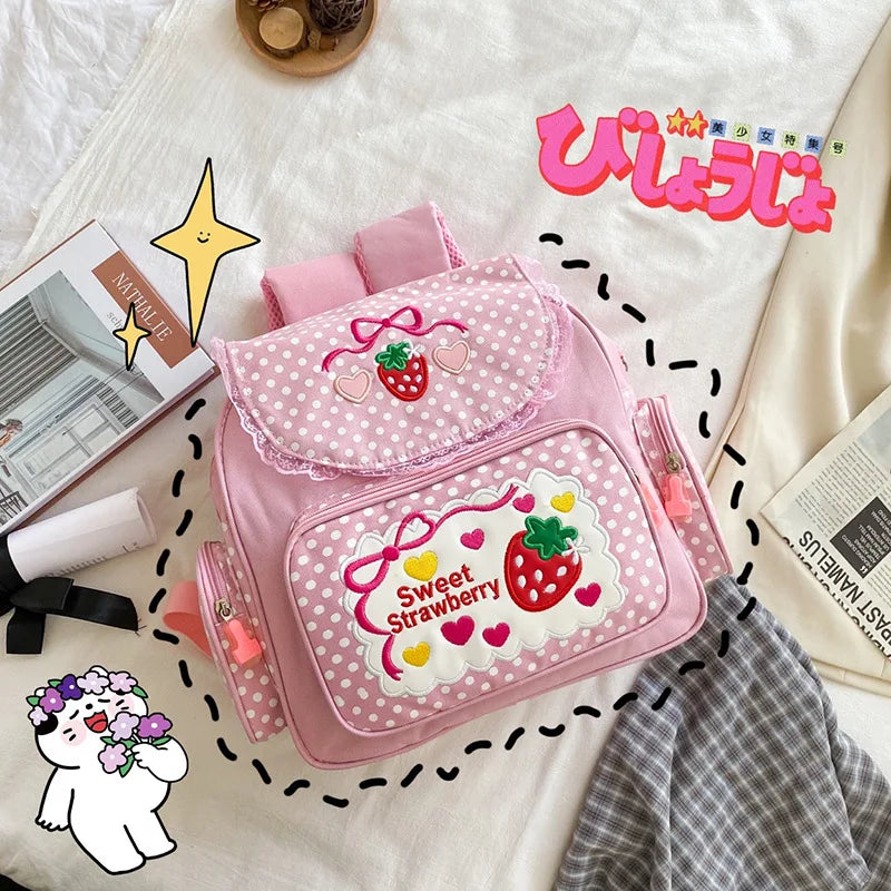 Sac à dos scolaire pour enfant, broderie fraise rose, cadeau d'anniversaire pour élève, nouveau cartable japonais dessin animé rose 2026