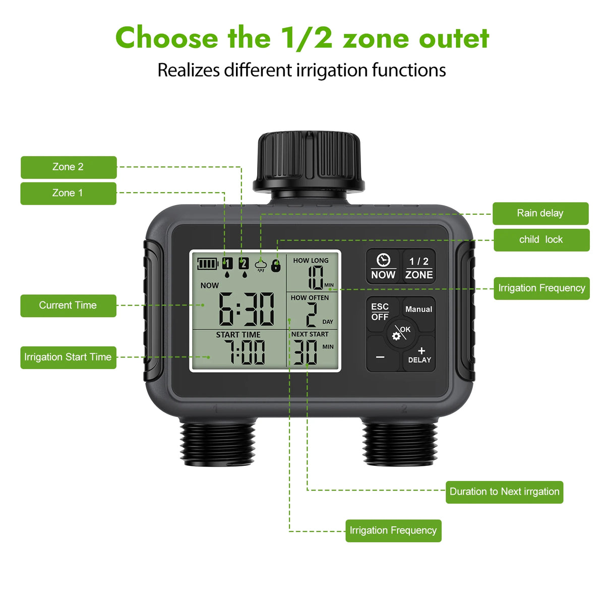 Timer 2 zone per irrigazione – risparmio acqua, modalità auto, manuale, pioggia