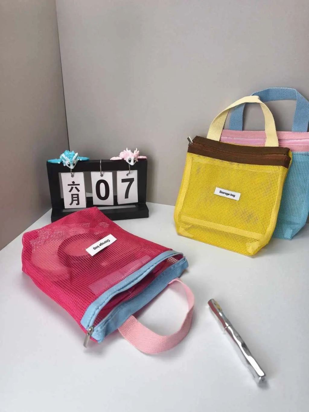 Borsa cosmetica pieghevole in rete, colore vivace, tascabile da spiaggia