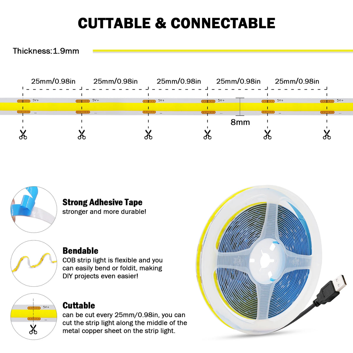 Striscia LED COB 5V USB 320 LED/m – Luce flessibile multicolore per casa