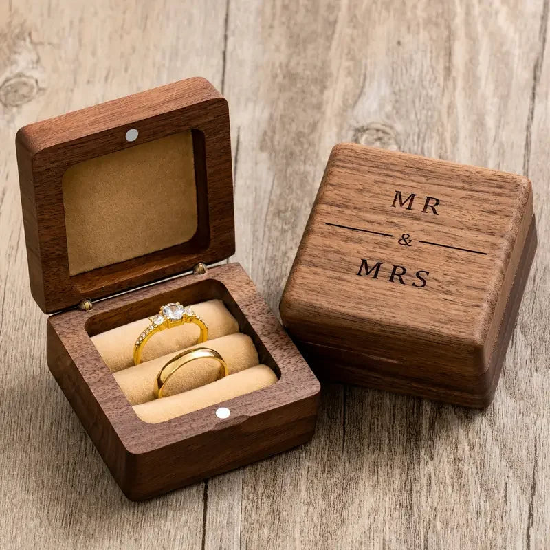 Engagement Proposal Wedding Ceremony Engraved Walnut Wood Ring Box Mr & Mrs, Ring Bearer Box For 2 Rings, Upscale Gifts Display