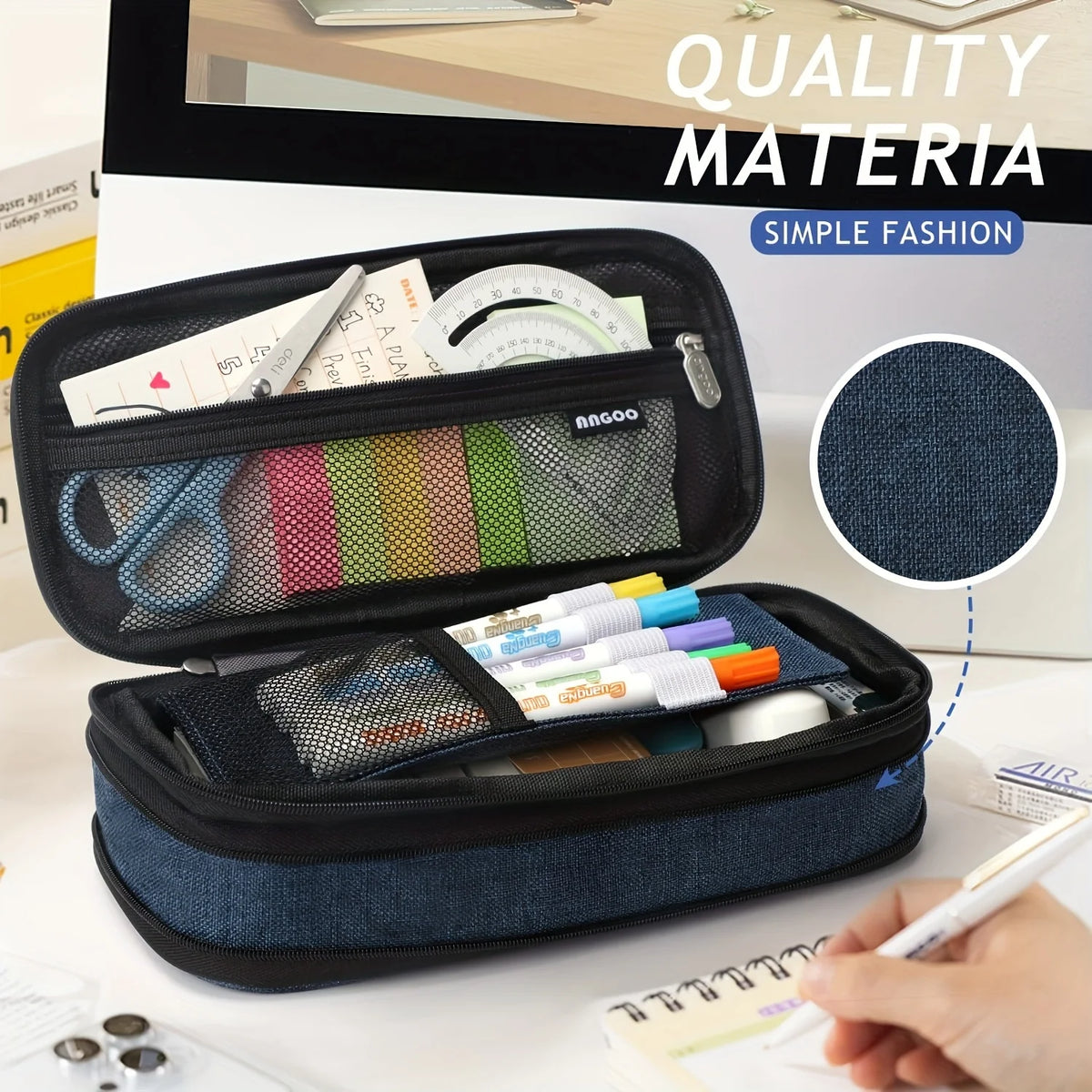 Portapenne Navy Blue capacità retrattile, multiuso in tessuto premium – regalo