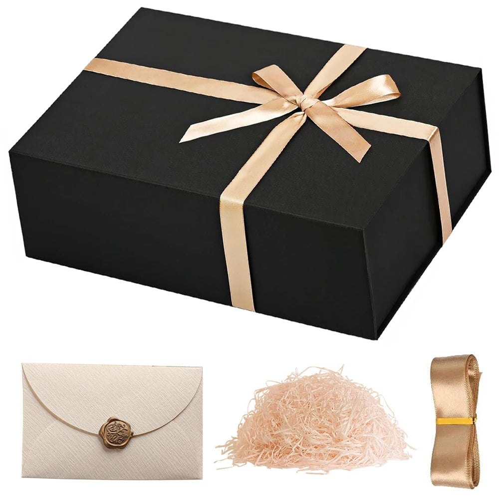 1pcs Black Gift Box with Lid for Present, Magnetic Closure Rectangle Collapsible Gift Box, Groomsman Proposal Box, Wedding