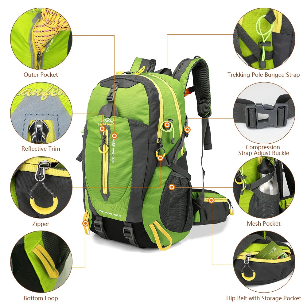 Sac à dos de voyage 40L imperméable pour trekking, randonnée et ordinateur portable