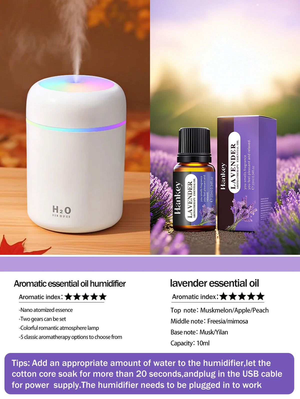 Diffusore Aromaterapico 300ml USB Luce a 7 Colori, Umidificatore per Casa e Auto