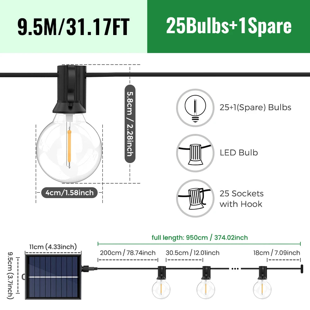 Catena LED solare G40 White con telecomando, 8 modalità, luminosità regolabile