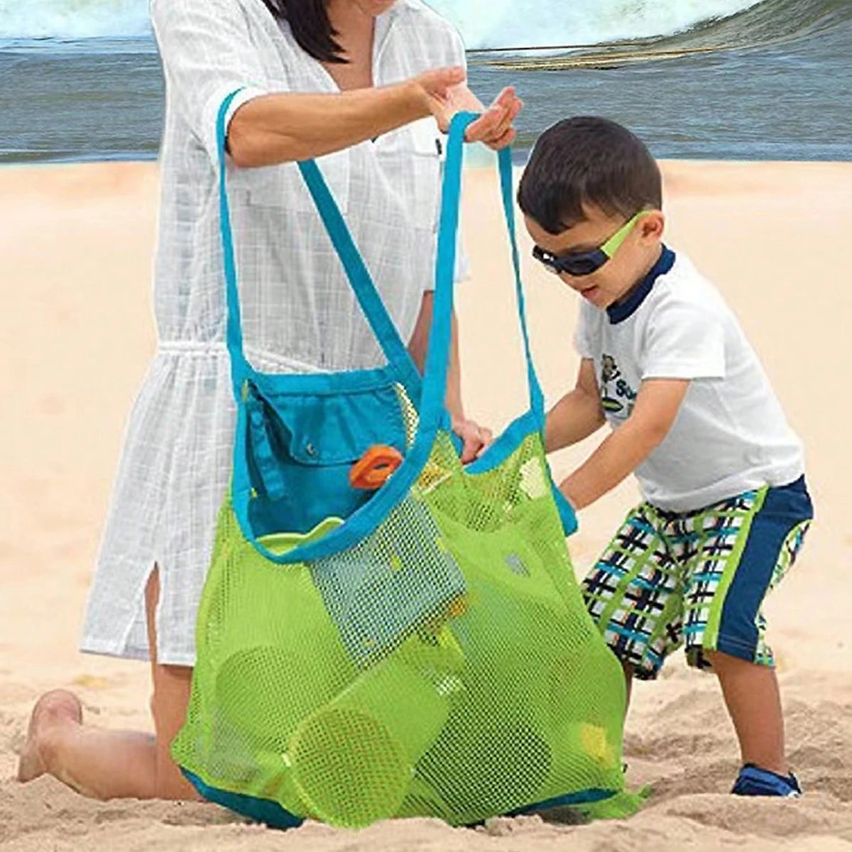 Borsa da spiaggia in rete multicolore grande, pieghevole e traspirante