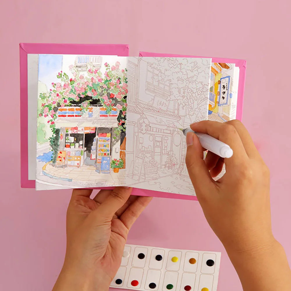Libro Colorazione Acquerelli Pieghevole per Adulti - Set Colori