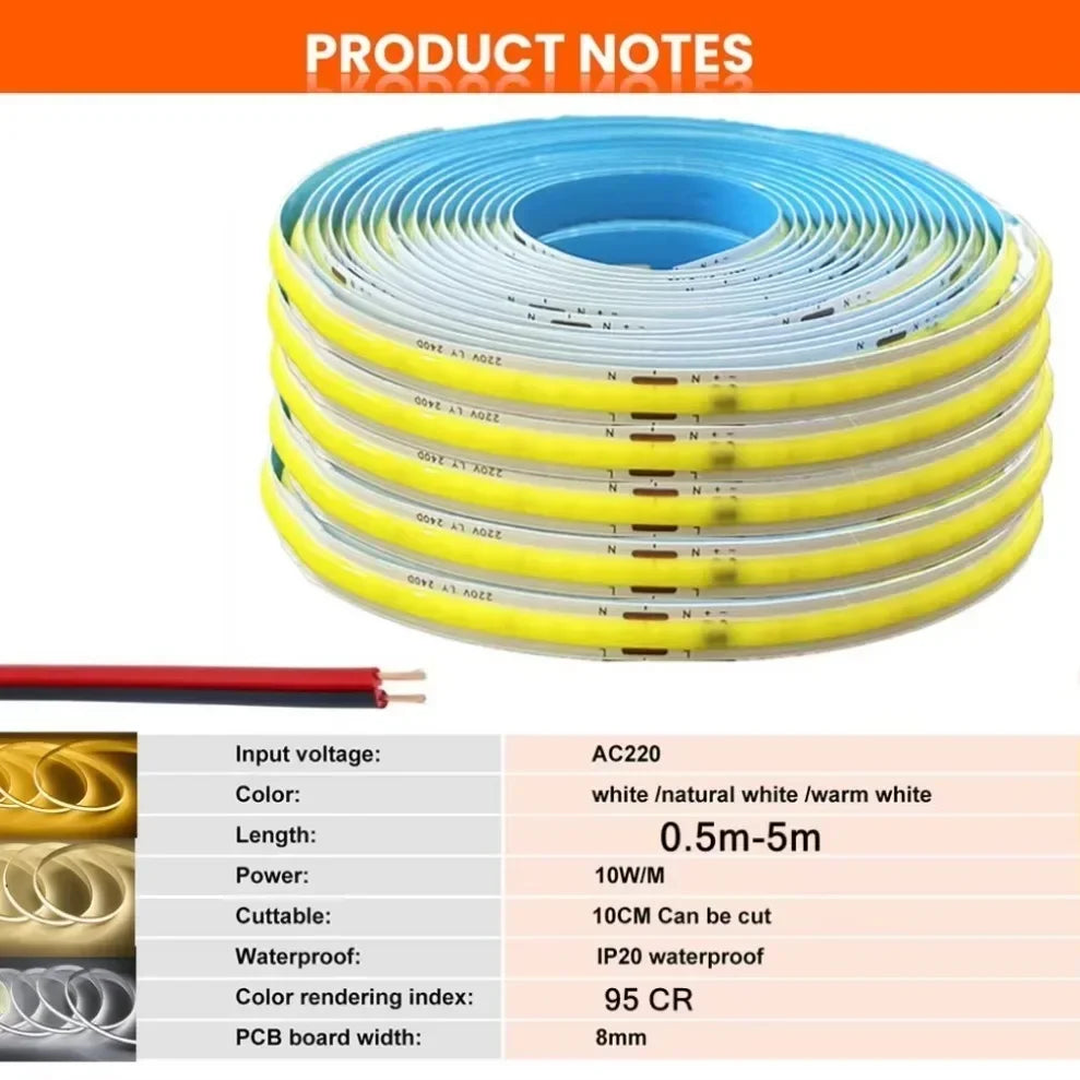Striscia LED COB 220V 240 LED/m, luce bianca 3000-6000K, flessibile 5m