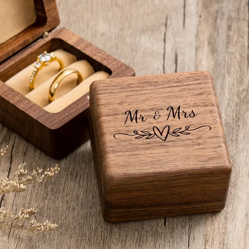 Engagement Proposal Wedding Ceremony Engraved Walnut Wood Ring Box Mr & Mrs, Ring Bearer Box For 2 Rings, Upscale Gifts Display