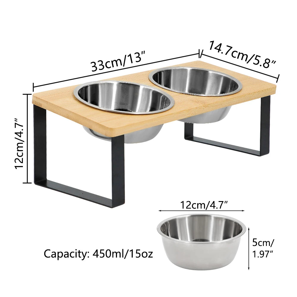 Ciotole elevate per gatto con vassoio antiscivolo, 15° inclinato, 2 ciotole inox
