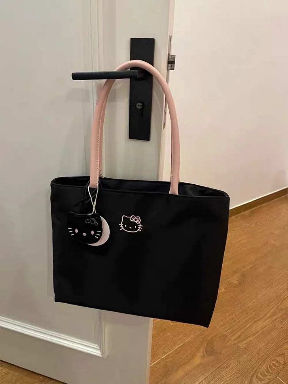 Borsa tote capiente con ricamo gatto, leggera e fresca per donna