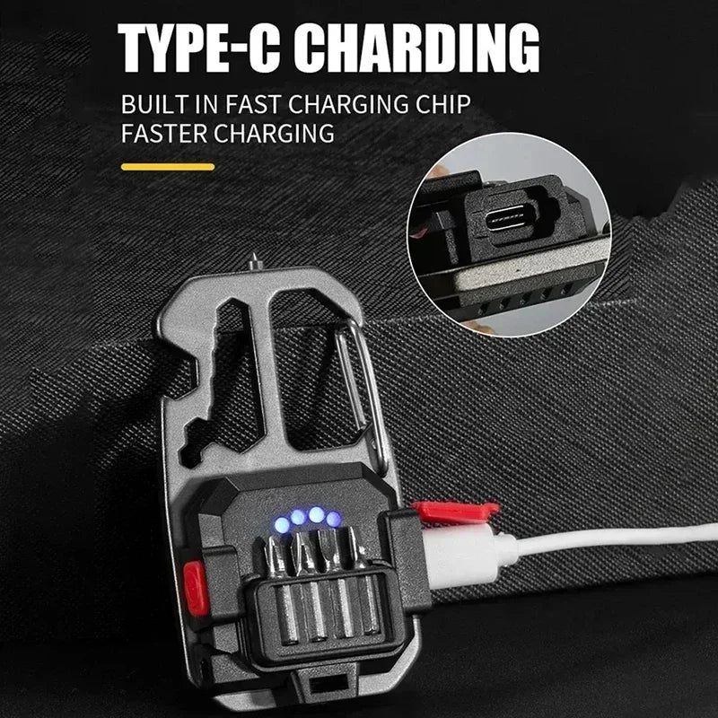 Mini torcia LED portachiavi 6 modalità con cacciavite, apribottiglie e martello