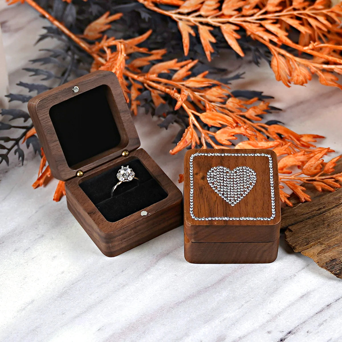 Diamond inlaid jewelry box, walnut solid wood wedding ring box, seeking marriage, diamond ring, Valentine's Day gift,  jewelry