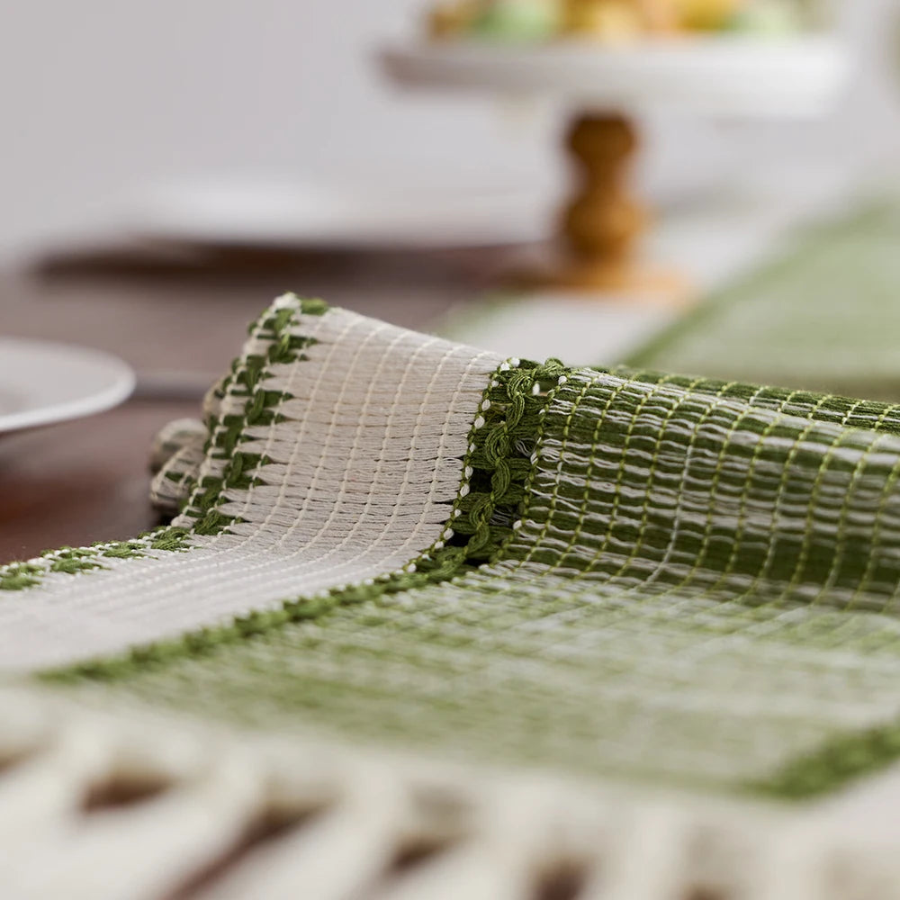 Green Boho Striped Green Table Runner - Hand - Woven Tassels, Ideal for Spring Tables, Round Coffee Tables & Rustic Home Decor