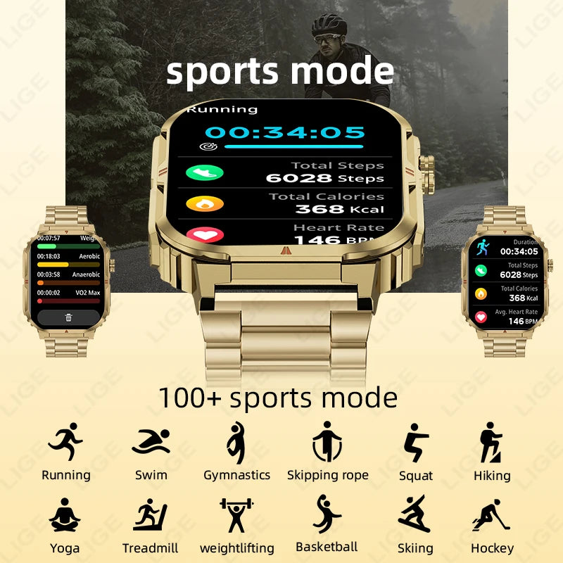 Smartwatch sportivo 2.01\" HD con chiamata, assistente vocale, torcia - IP68