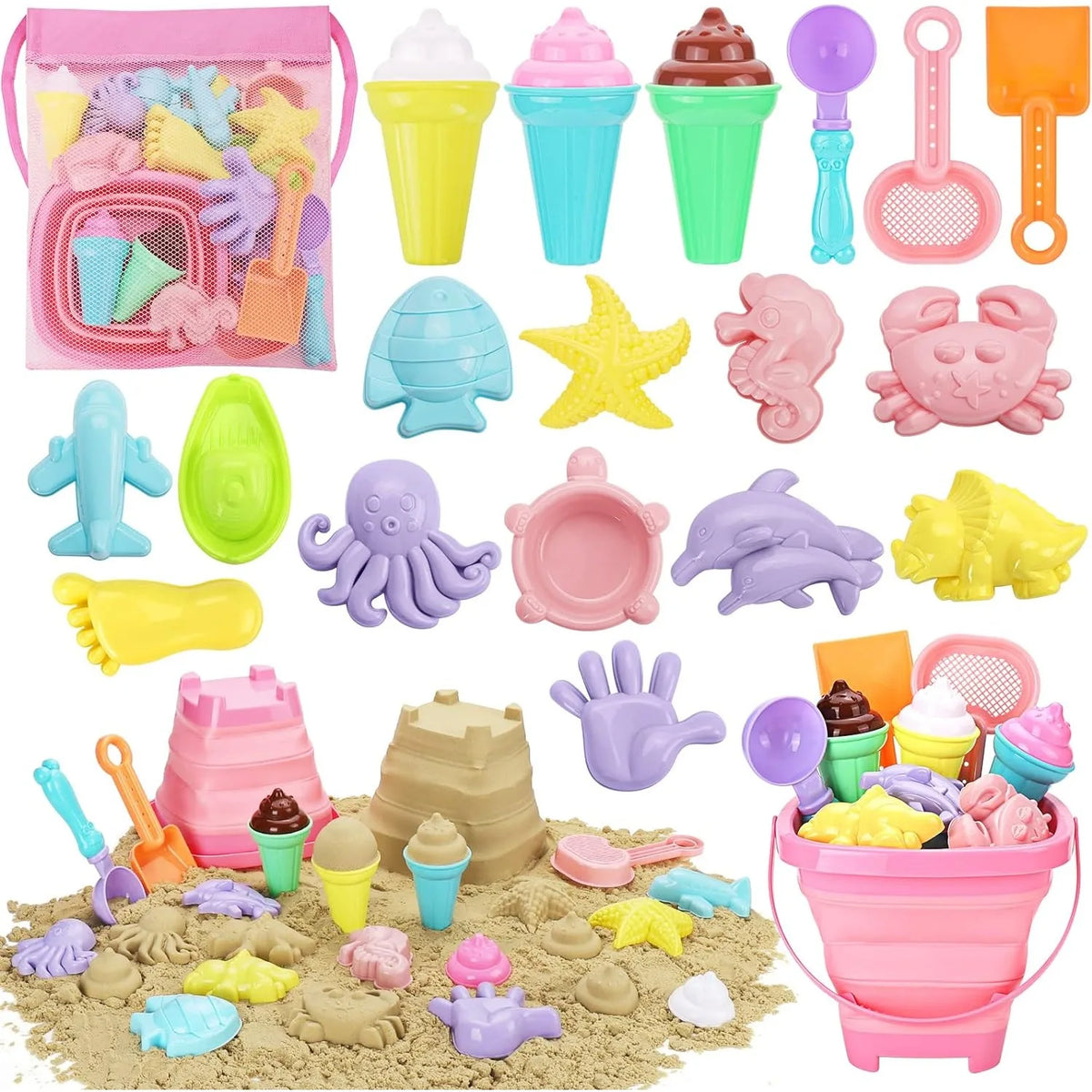 Set Spiaggia 20 Pezzi per Bambini: Secchiello Pieghevole, Palette, Stampo Sabbia