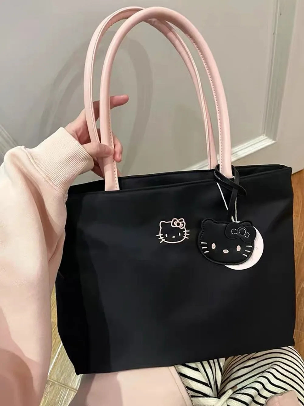 Borsa tote capiente con ricamo gatto, leggera e fresca per donna
