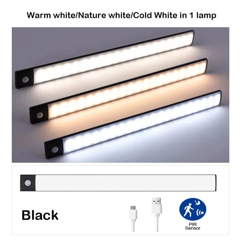 Lampada LED ricaricabile con sensore di movimento, 3 colori per armadi e cucina