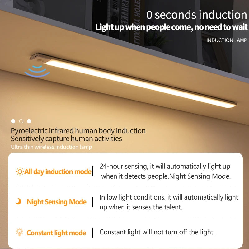 Lampada LED ricaricabile con sensore di movimento 3 colori per cucina e armadi