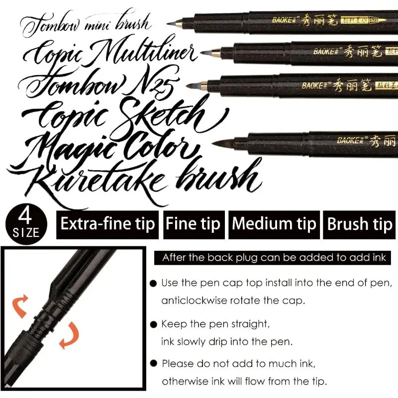 Set 4 penne per calligrafia, punta morbida e dura, inchiostro nero ricaricabile