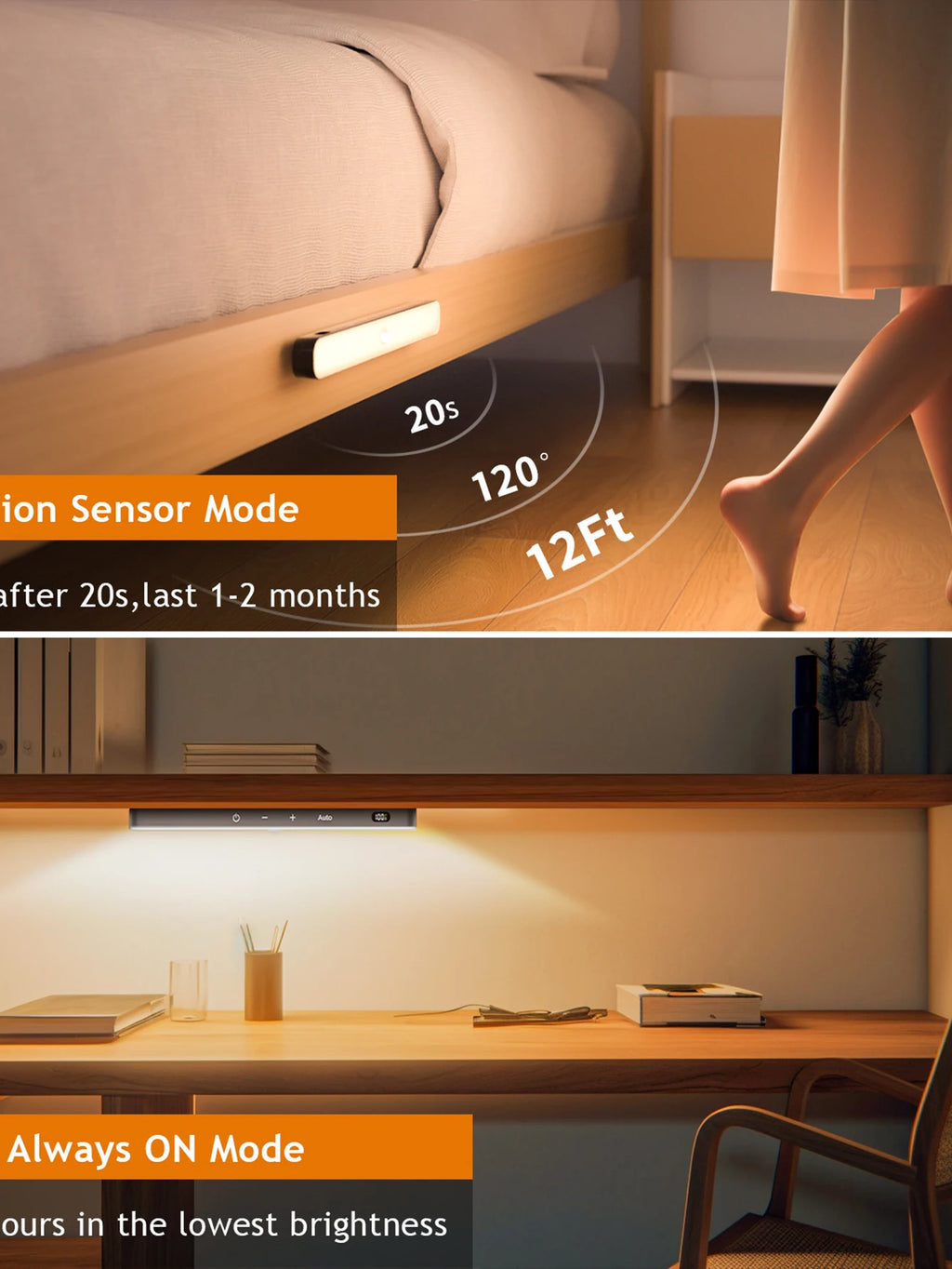 WILLED Motion Sensor Cabinet Warm Light Battery Display 60 LED Touch Light Bar Wireless Rechargeable Battery Night Light