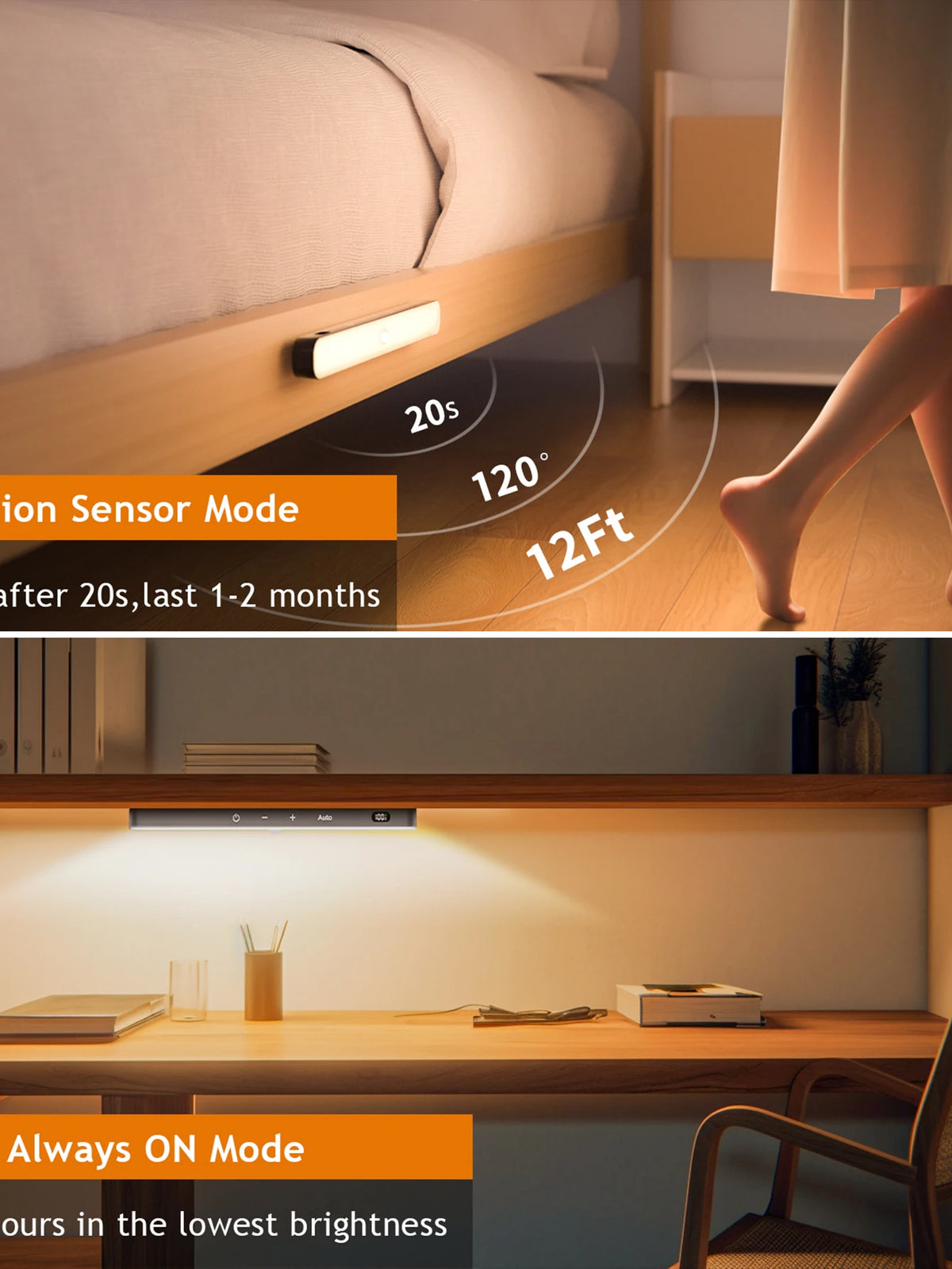 WILLED Motion Sensor Cabinet Warm Light Battery Display 60 LED Touch Light Bar Wireless Rechargeable Battery Night Light