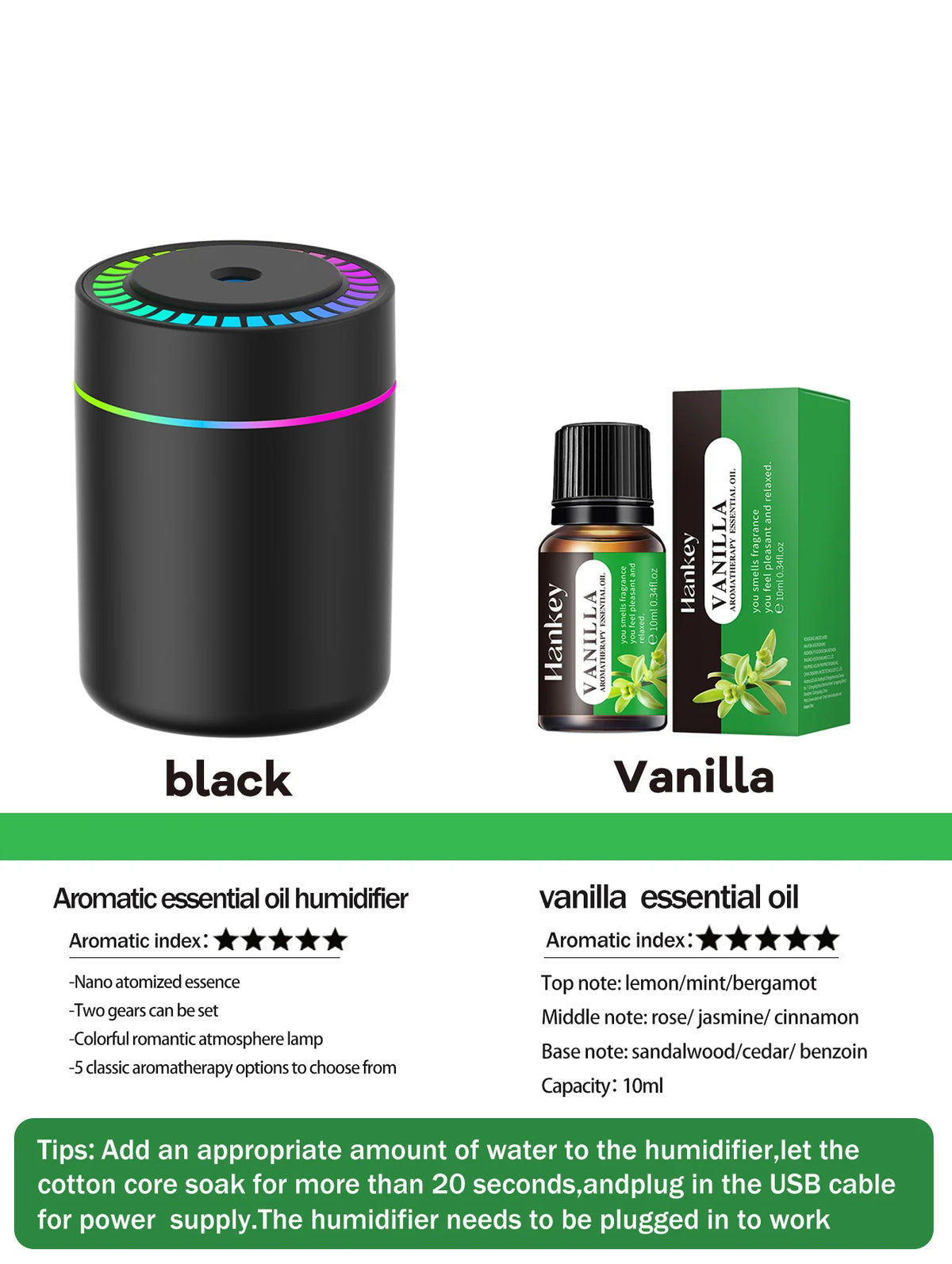 Diffusore Umidificatore 180 ml USB con LED 7 Colori e Aromaterapia