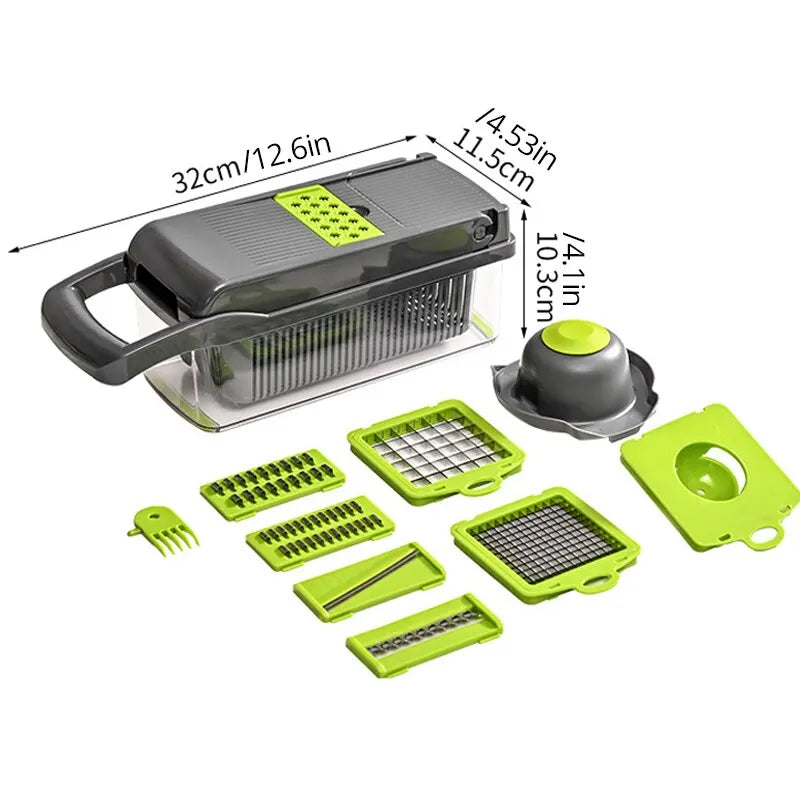 Affettatrice 12 in 1 Verde/Nera – Taglia, Grattugia e Sminuzza Verdure e Frutta